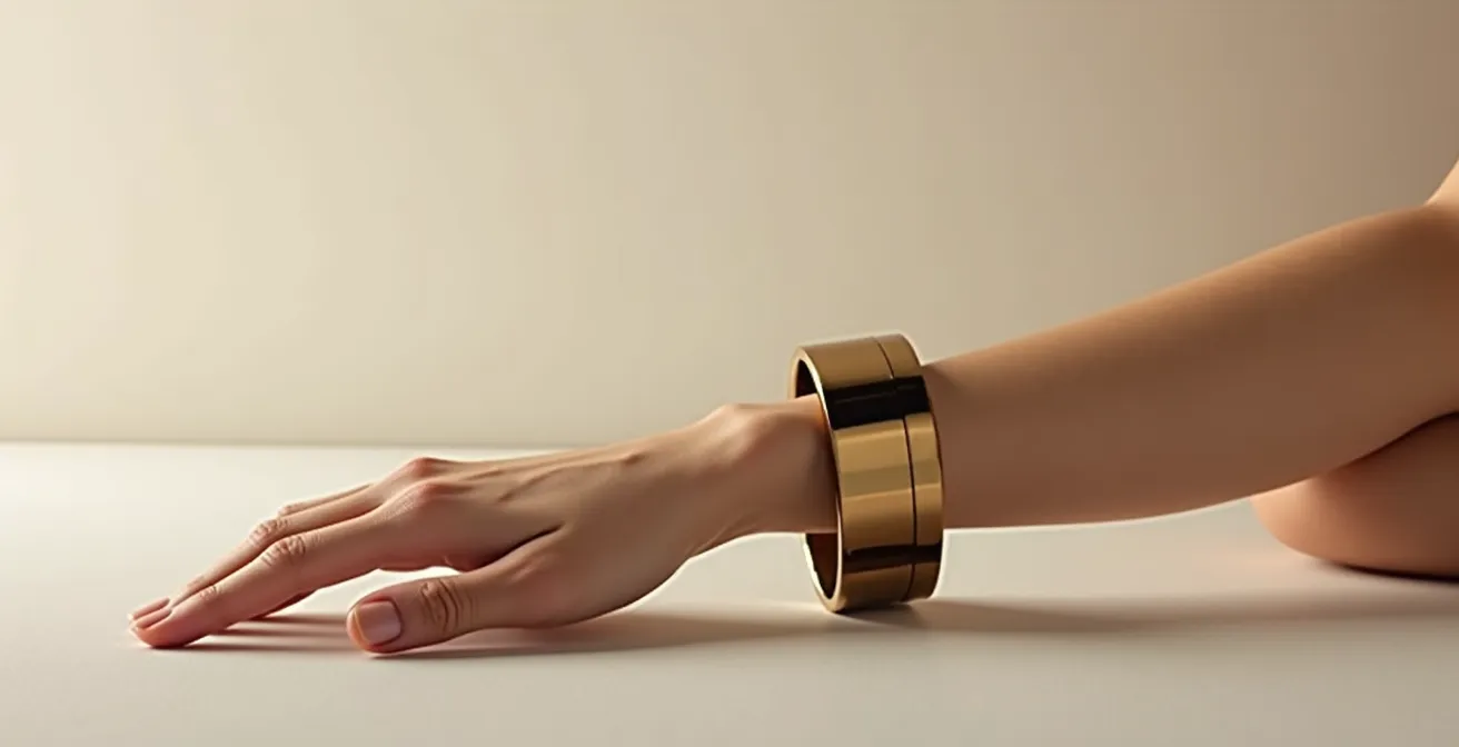 Elegante architektonische Armspange am Handgelenk mit klaren Linien und skulpturaler Form