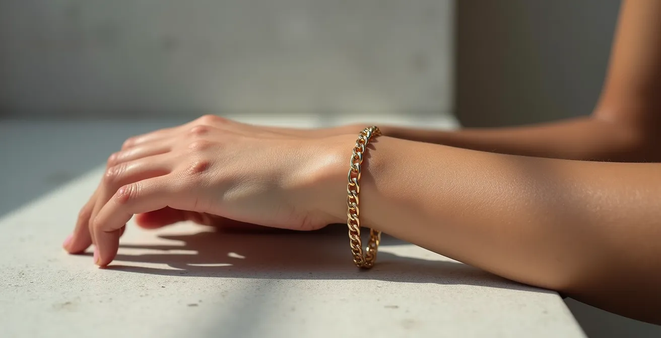 Seitliche Nahaufnahme eines Handgelenks mit einem ausgewogen proportionierten Armband, das Harmonie zwischen Schmuckstück und Körper zeigt