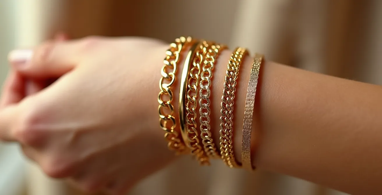 Mehrere filigrane Armketten in verschiedenen Texturen elegant übereinander geschichtet