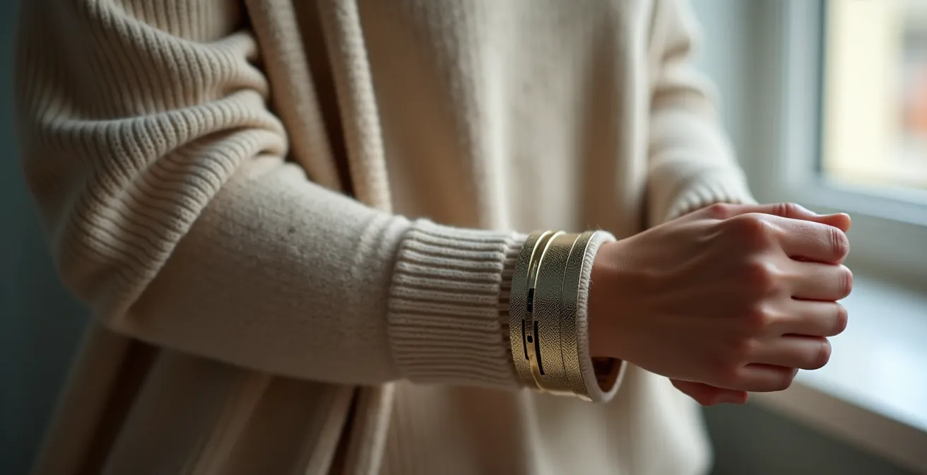 Elegante Armspange über feinem Pullover-Ärmel getragen, deutscher Modekontext