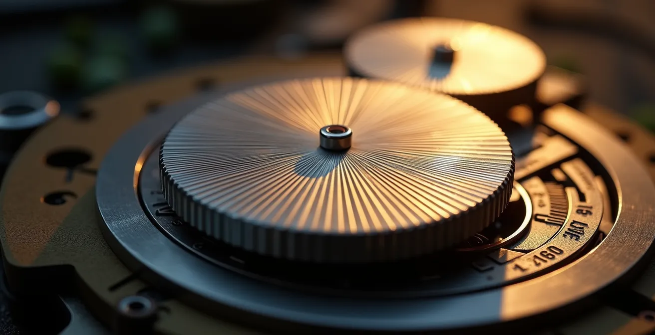 Makro-Detailaufnahme eines Automatikaufzug-Rotors mit typischem Glashütter Sonnenschliff.