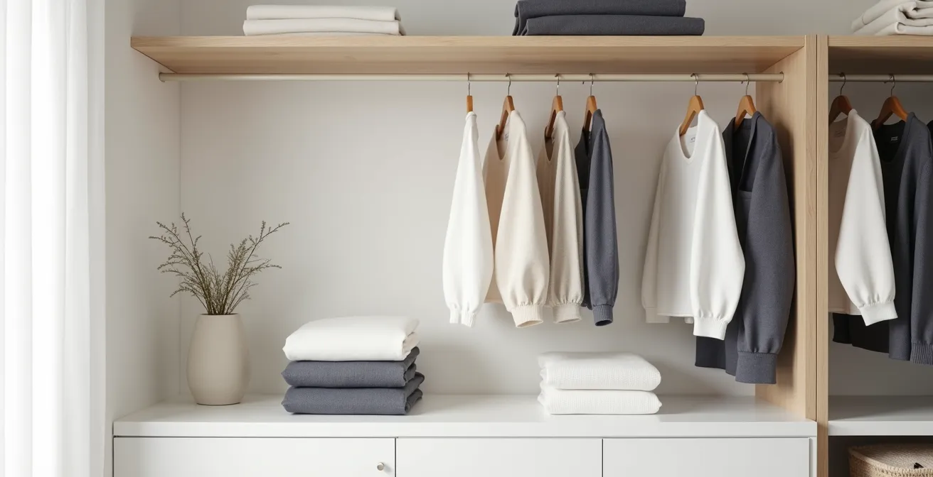 Ordentlich arrangierte Kleidungsstücke in neutralen Farben, die die Prinzipien einer gut organisierten Garderobe zeigen