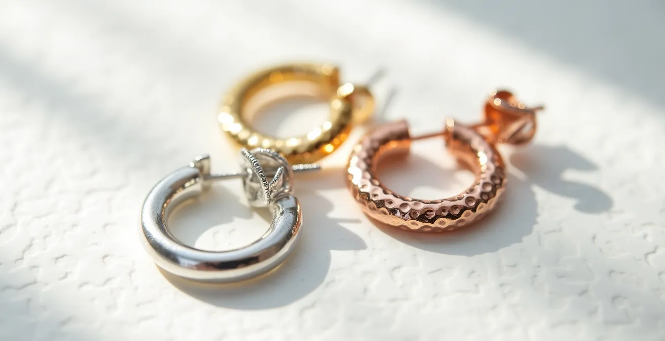 Detailaufnahme verschiedener Creolen-Oberflächen mit glänzenden, matten und strukturierten Finishes