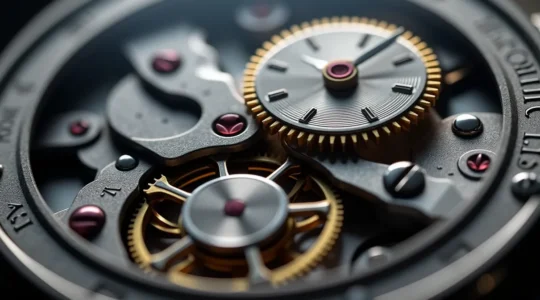 Nahaufnahme eines luxuriösen mechanischen Uhrwerks mit filigranen Zahnrädern und einer Spiralfeder, die das technische Meisterwerk der deutschen Uhrmacherei zeigt