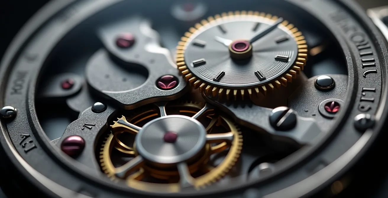 Nahaufnahme eines luxuriösen mechanischen Uhrwerks mit filigranen Zahnrädern und einer Spiralfeder, die das technische Meisterwerk der deutschen Uhrmacherei zeigt