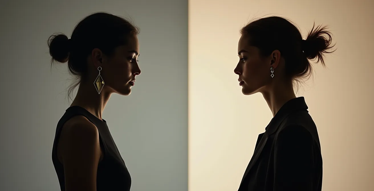 Gespaltene Szenerie: Linke Seite zeigt konservativ gekleidete Silhouetten, rechte Seite zeigt die gleiche Person mit opulentem Schmuck—eine visuelle Metapher für die kulturelle Überwindung des deutschen Understatements