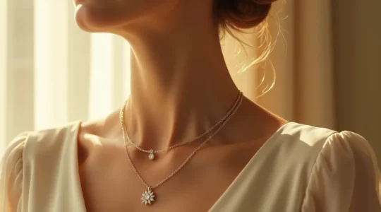 Detailaufnahme einer Frau mit elegantem Collier auf unverhülltem Dekolleté, minimalistisches Styling, natürliches Licht
