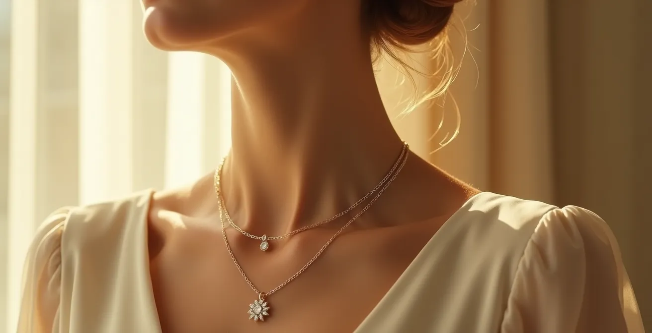 Detailaufnahme einer Frau mit elegantem Collier auf unverhülltem Dekolleté, minimalistisches Styling, natürliches Licht