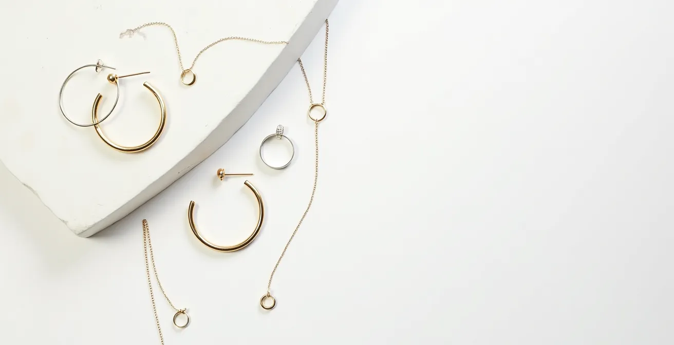 Minimalistischer zeitloser Schmuck nach Bauhaus-Prinzipien arrangiert auf klarer Oberfläche