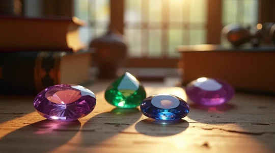 Verschiedene leuchtende Edelsteine in natürlichem Licht mit warmer deutscher Atmosphäre