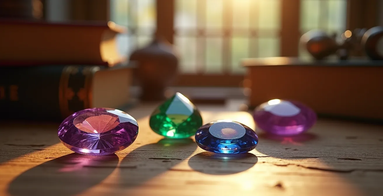 Verschiedene leuchtende Edelsteine in natürlichem Licht mit warmer deutscher Atmosphäre
