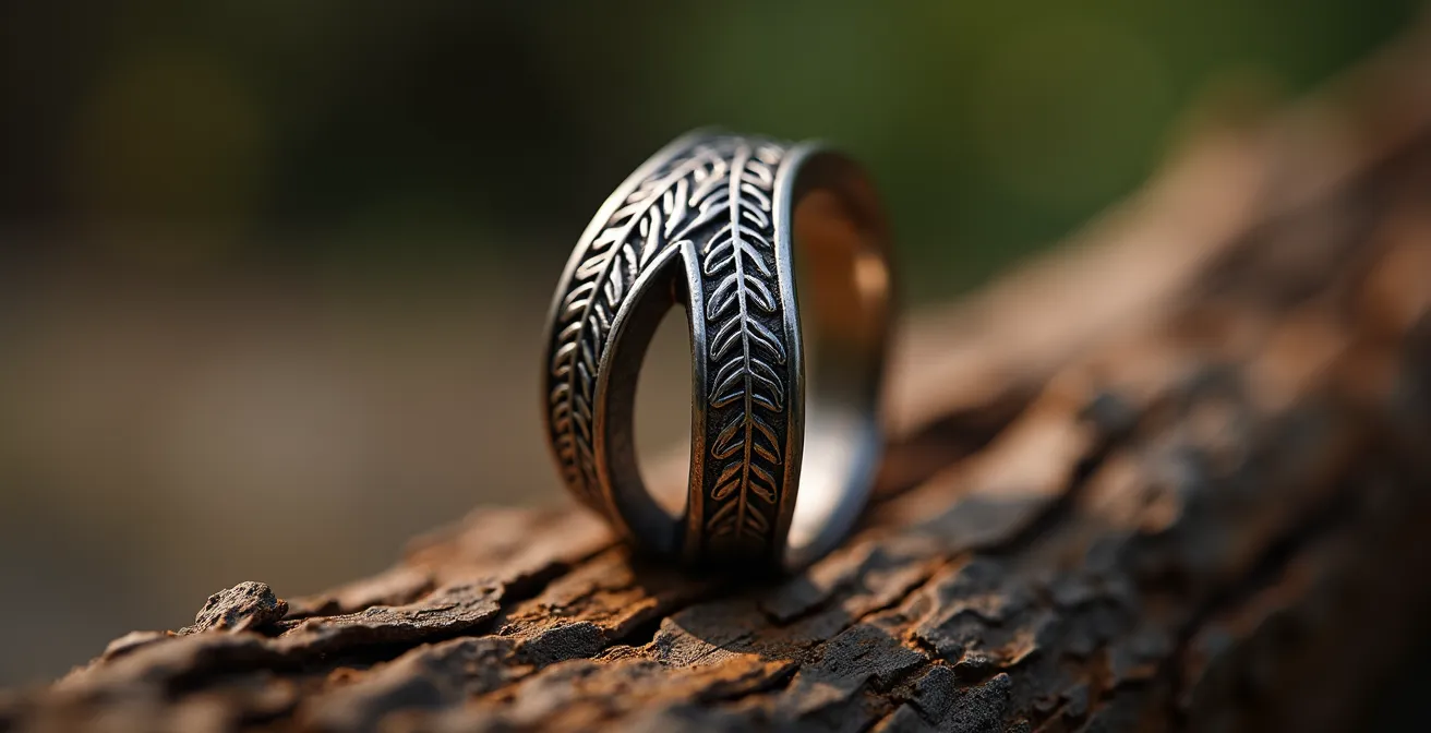 Detailaufnahme eines filigranen Rings mit Eichenblatt-Motiv in warmem Goldton