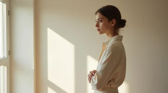 Elegante Frau mit minimalistischer Kleidung und durchdachter Pose, die innere Haltung und Gelassenheit ausstrahlt