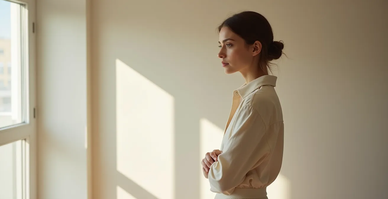 Elegante Frau mit minimalistischer Kleidung und durchdachter Pose, die innere Haltung und Gelassenheit ausstrahlt
