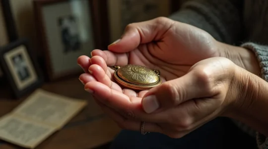 Emotionale Szene mit antikem Familienschmuck und Erinnerungen verschiedener Generationen