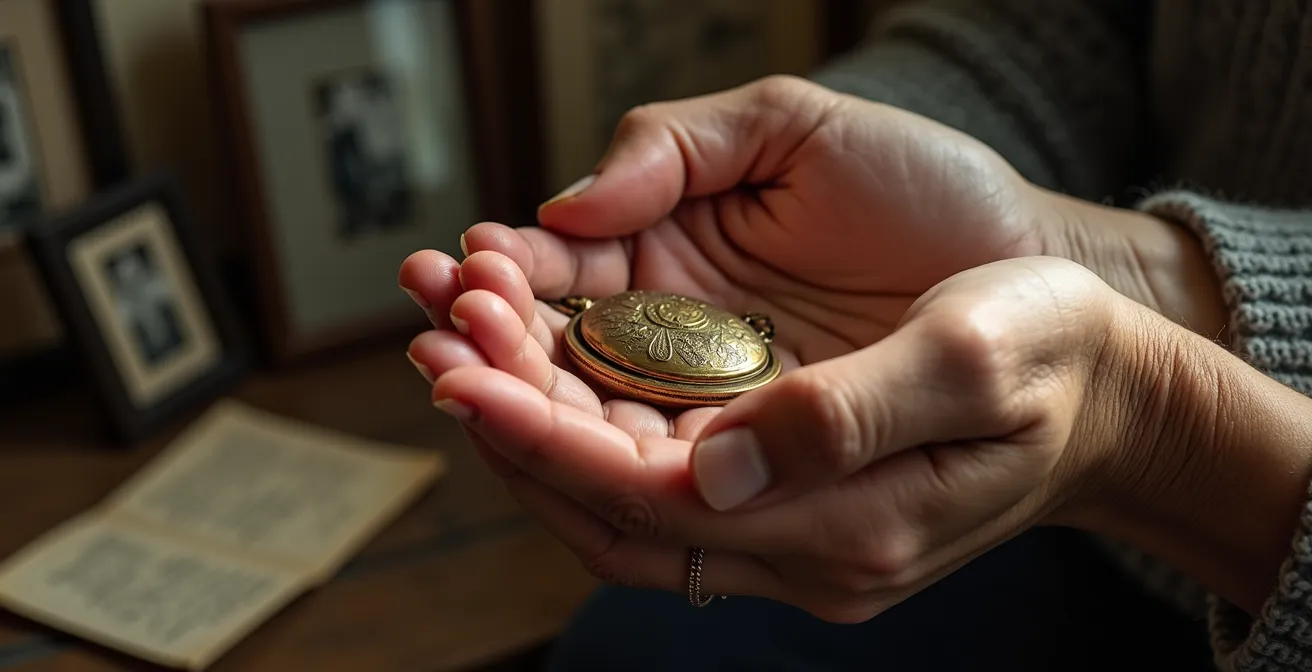 Emotionale Szene mit antikem Familienschmuck und Erinnerungen verschiedener Generationen