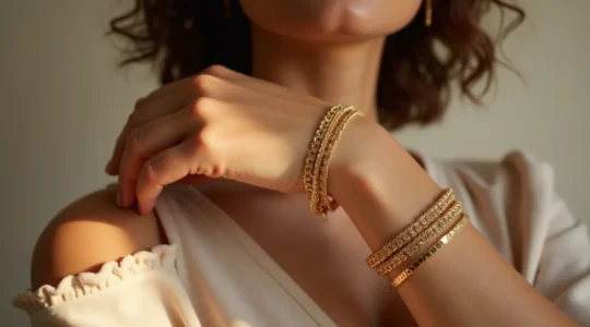 Zarte filigrane Armketten am weiblichen Handgelenk, die das Flüstern am Handgelenk symbolisieren