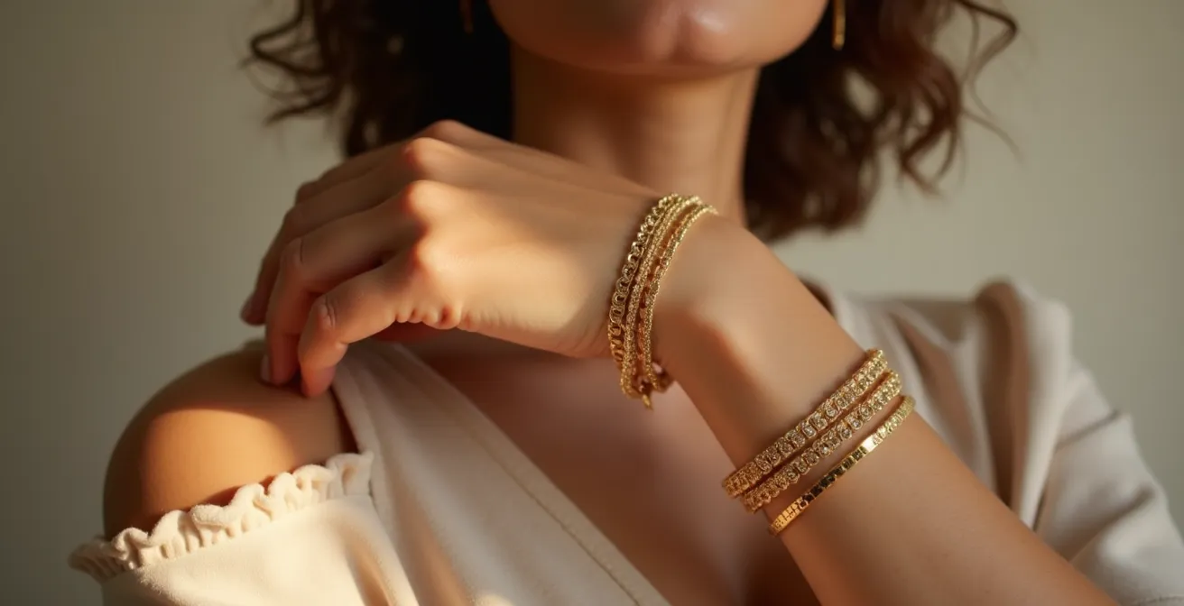 Zarte filigrane Armketten am weiblichen Handgelenk, die das Flüstern am Handgelenk symbolisieren