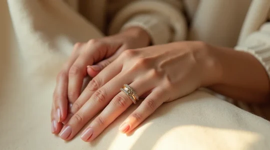 Zarte filigrane Ringe an weiblichen Händen in natürlichem Licht