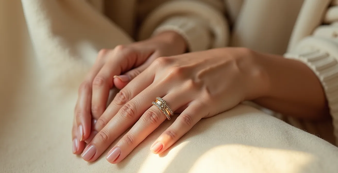 Zarte filigrane Ringe an weiblichen Händen in natürlichem Licht