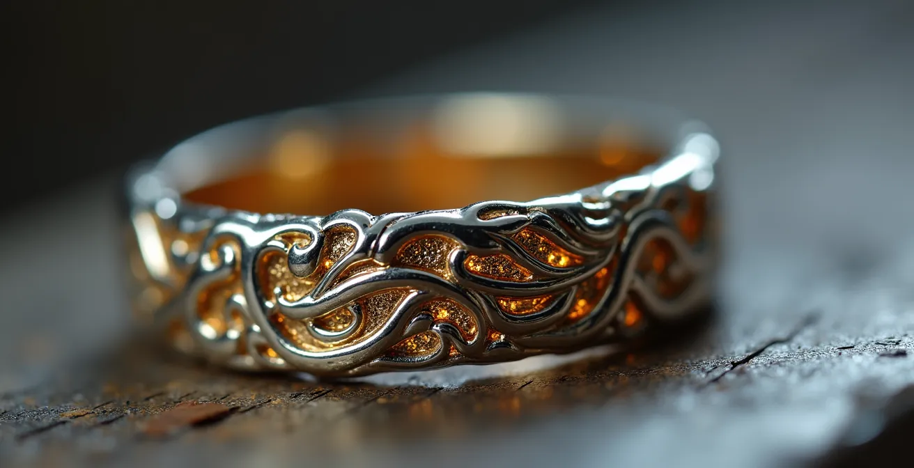 Nahaufnahme eines filigranen Silberrings mit zarten Mustern, bei dem innen eine subtile Gravur sichtbar ist, demonstrierend das Zusammenspiel von traditionellem Handwerk und persönlicher Bedeutung