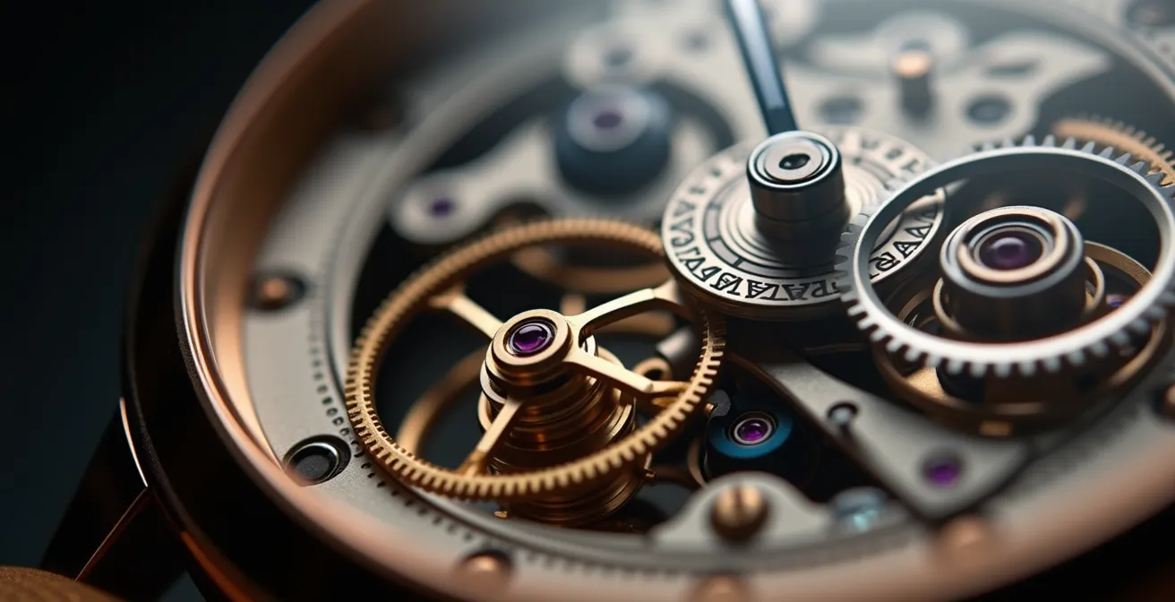 Detailaufnahme eines fliegenden Tourbillons im Betrieb, das die elegante Rotation und die einseitige Lagerung nach Alfred Helwigs deutscher Innovationen von 1920 zeigt