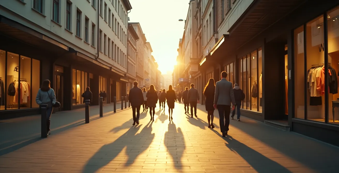Kontrast: links monotone Fußgängerzone mit identischen Fast-Fashion-Outfits, rechts ein individuelles Outfit mit Persönlichkeit und Charakter.