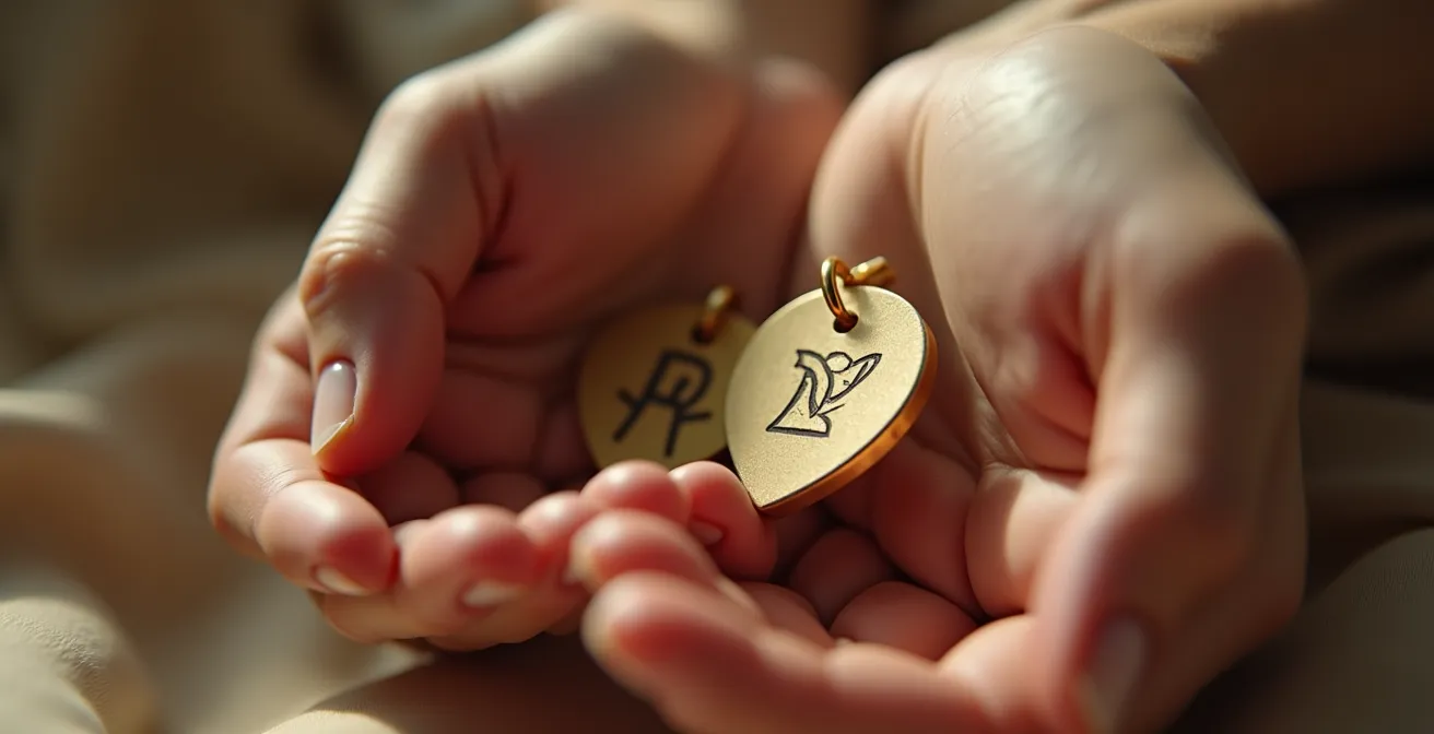 Detailaufnahme eines Anhangers mit eingraviertem persoenlichem Symbol, das nur der Traeger versteht, angeordnet auf strukturiertem Material