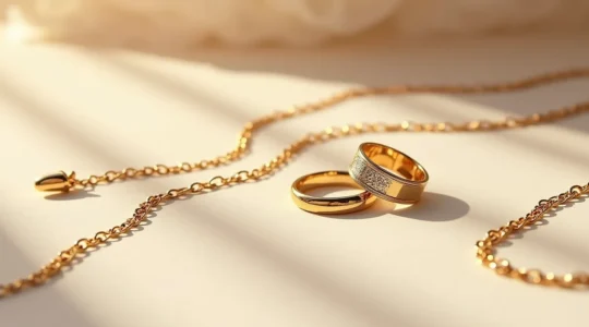 Elegante Gold- und Silberschmuckstücke auf neutralem Hintergrund, die zeitlose Handwerkskunst und persönlichen Stil symbolisieren.