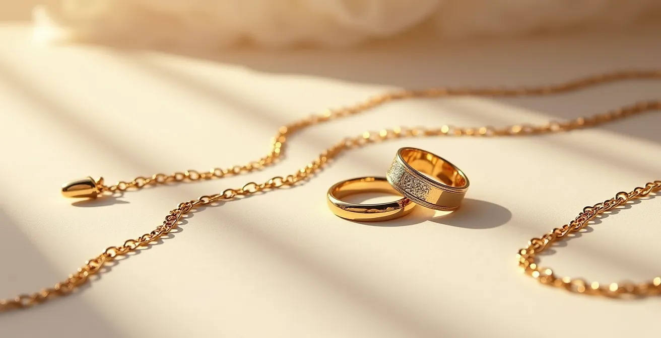 Elegante Gold- und Silberschmuckstücke auf neutralem Hintergrund, die zeitlose Handwerkskunst und persönlichen Stil symbolisieren.