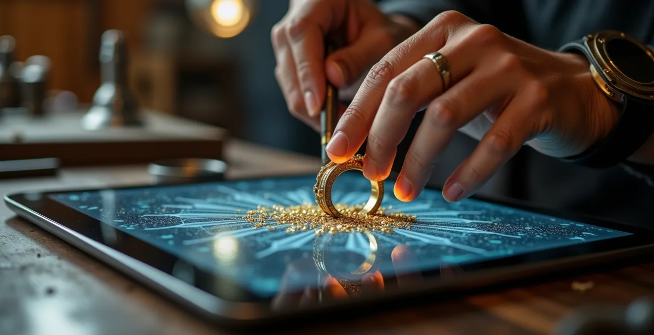 Nahaufnahme moderner Schmuckdesign-Technologie mit 3D-Projektion und traditionellem Handwerk