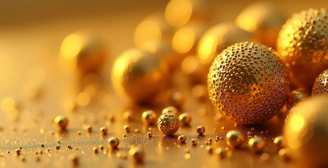 Extreme Makro-Aufnahme eines Schmuckstücks mit aufgelöteten Goldkörnchen in perfekter Granulationstechnik.