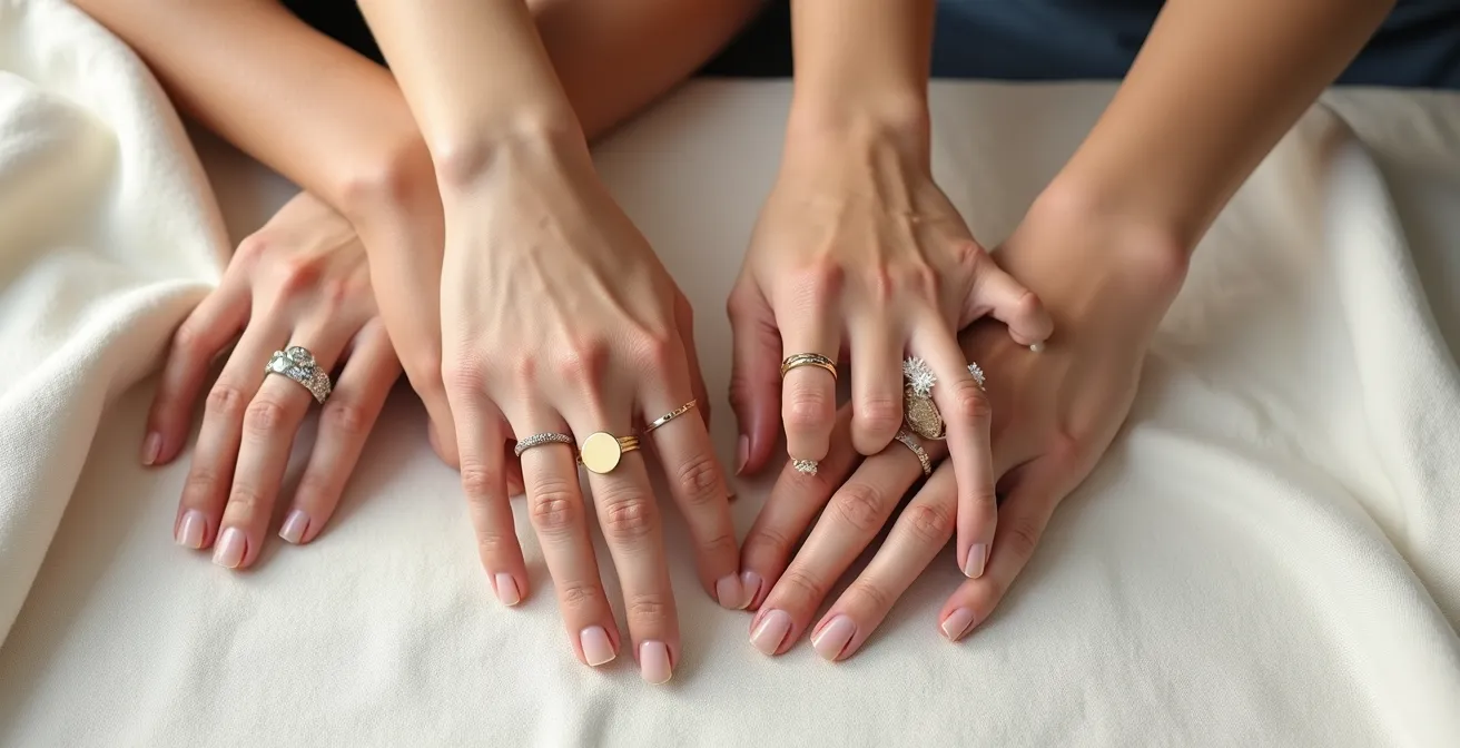 Verschiedene Handformen mit passenden filigranen Ringen in natürlichem Setting
