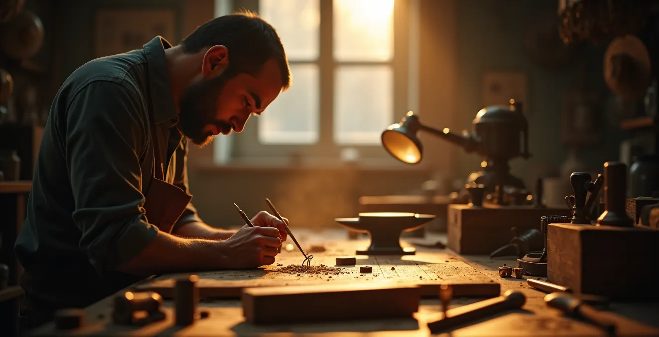 Eine traditionelle Goldschmiedewerkstatt mit historischen Werkzeugen und einem Kunsthandwerker bei feingliedriger Arbeit an einem Schmuckstück.
