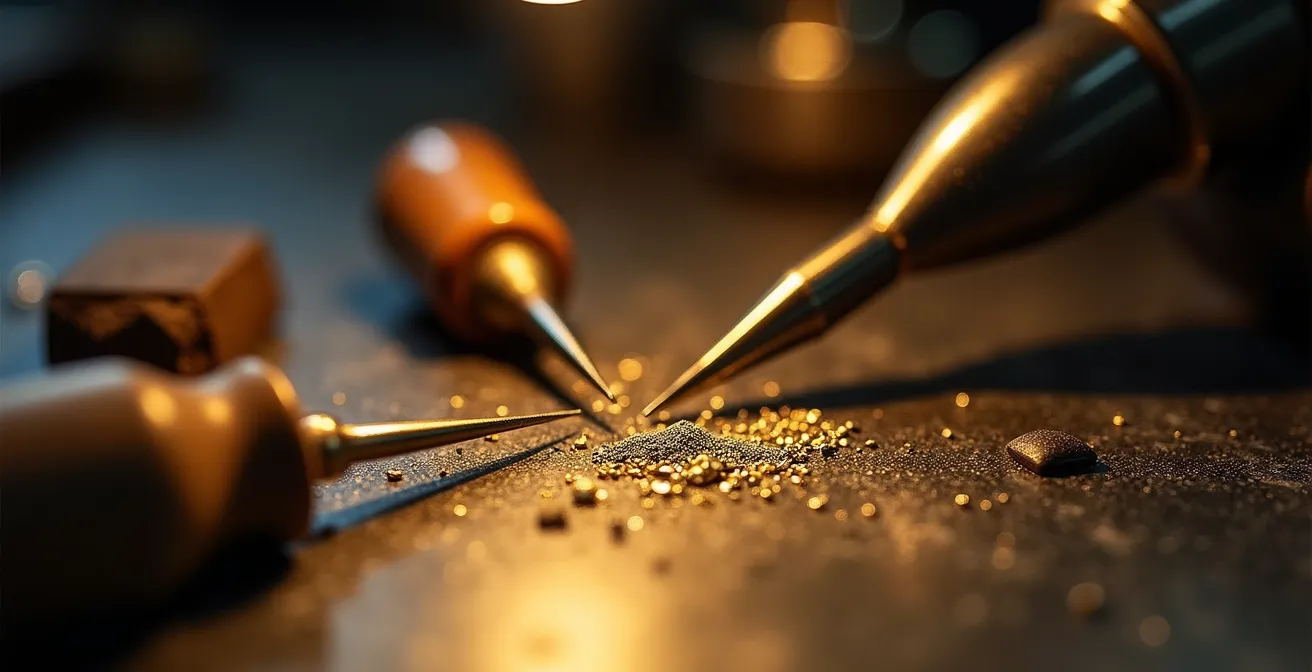 Detailaufnahme einer Goldschmiedewerkstatt mit handwerklichen Werkzeugen und vergoldetem Schmuckstück in Arbeit