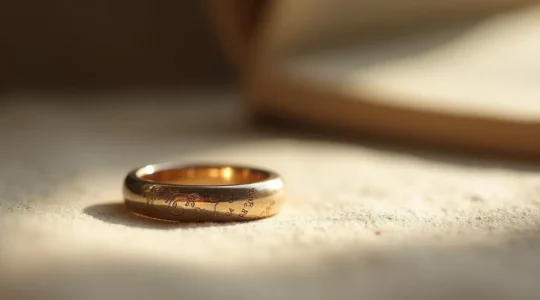 Ein exquisiter gravierter Silberring mit filigranem Muster liegt auf einer matten Oberfläche, symbolisierend die Kunstfertigkeit und persönliche Geschichte hinter gravierten Schmuckstücken