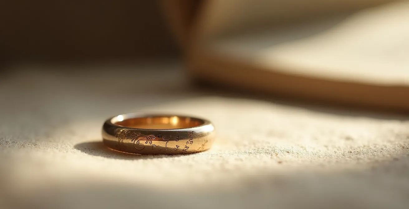 Ein exquisiter gravierter Silberring mit filigranem Muster liegt auf einer matten Oberfläche, symbolisierend die Kunstfertigkeit und persönliche Geschichte hinter gravierten Schmuckstücken