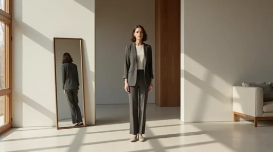 Eine elegant gekleidete Frau steht vor einem Vintage-Spiegel in einem minimalistischen Raum mit Bauhaus-inspirierten Elementen, symbolisiert die Verbindung zwischen innerem Selbst und äußerer Ausstrahlung.