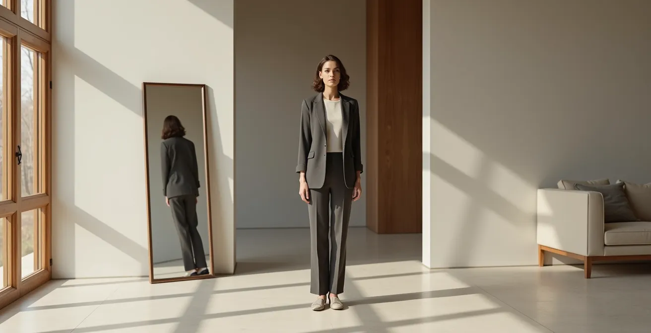Eine elegant gekleidete Frau steht vor einem Vintage-Spiegel in einem minimalistischen Raum mit Bauhaus-inspirierten Elementen, symbolisiert die Verbindung zwischen innerem Selbst und äußerer Ausstrahlung.