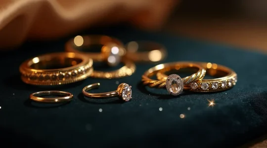 Elegante Nahaufnahme von hochwertigem Edelmetallschmuck mit Edelsteinen in natürlichem Licht