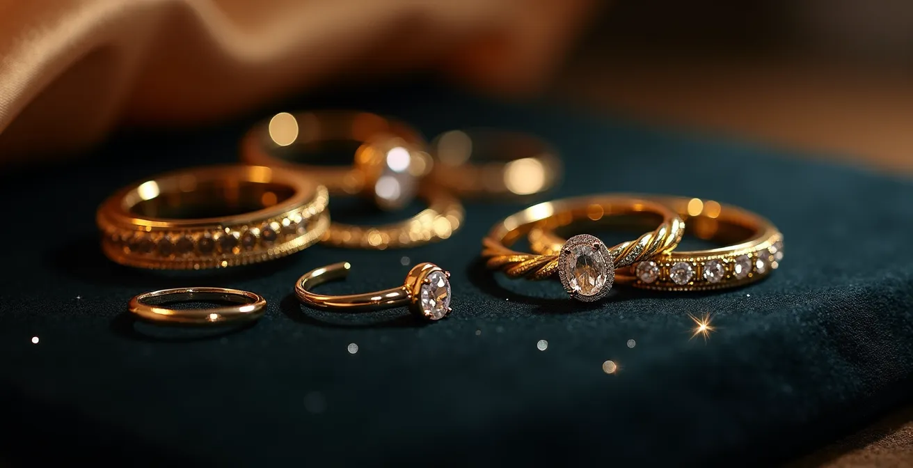 Elegante Nahaufnahme von hochwertigem Edelmetallschmuck mit Edelsteinen in natürlichem Licht