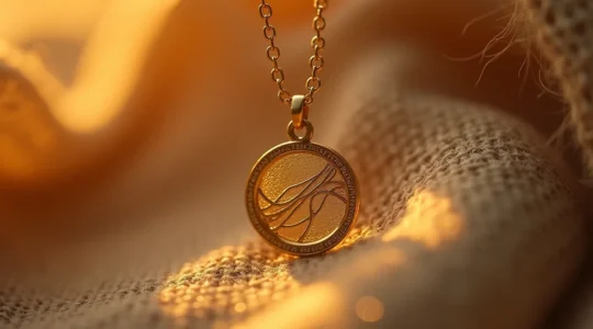 Nahaufnahme eines filigran gestalteten Goldanhangers an einer Halskette, umgeben von subtilen natuerlichen Texturen und warmem Licht, symbolisiert Intimitat und personliche Bedeutung