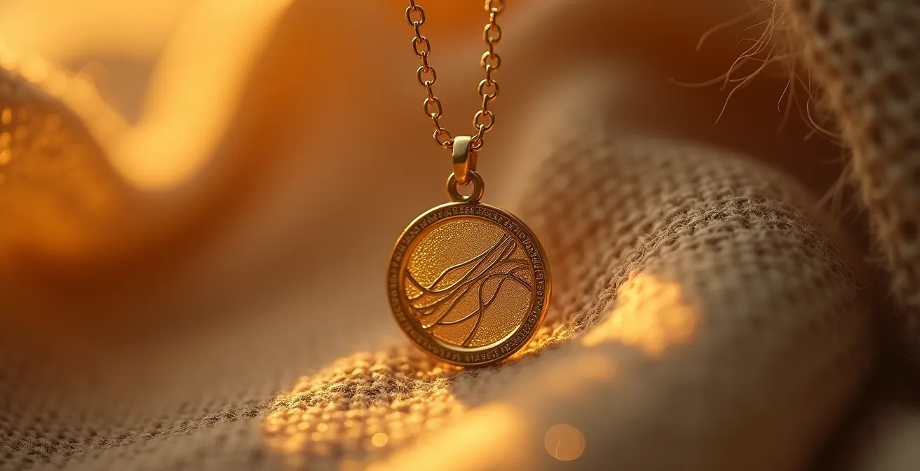 Nahaufnahme eines filigran gestalteten Goldanhangers an einer Halskette, umgeben von subtilen natuerlichen Texturen und warmem Licht, symbolisiert Intimitat und personliche Bedeutung