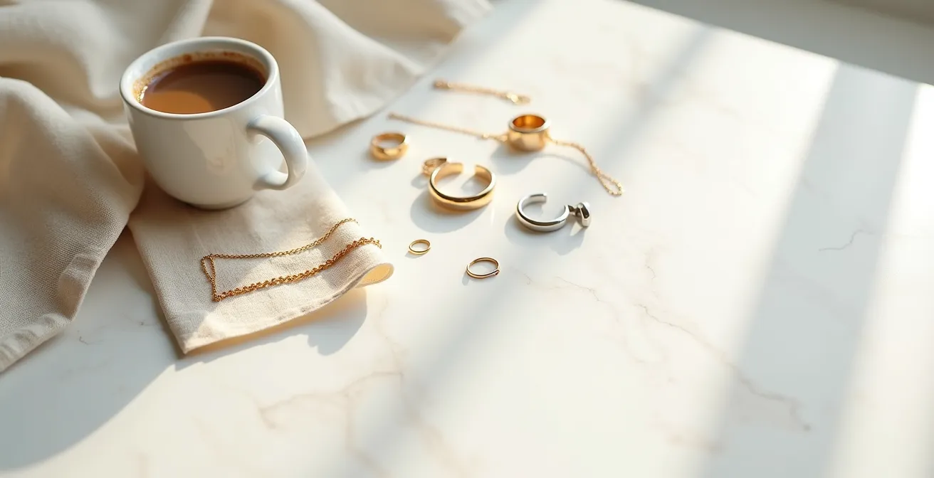 Eine moderne Stylingszene mit gemischtem Gold- und Silberschmuck in alltäglichen Kontexten, von Business bis Freizeit.