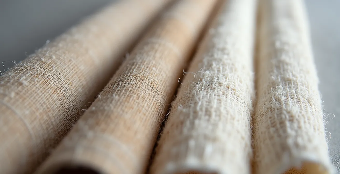 Detaillierte Makroaufnahme verschiedener Naturgewebe: Schurwolle, Leinen und Bio-Baumwolle mit sichtbaren Texturen und Gewebestrukturen.