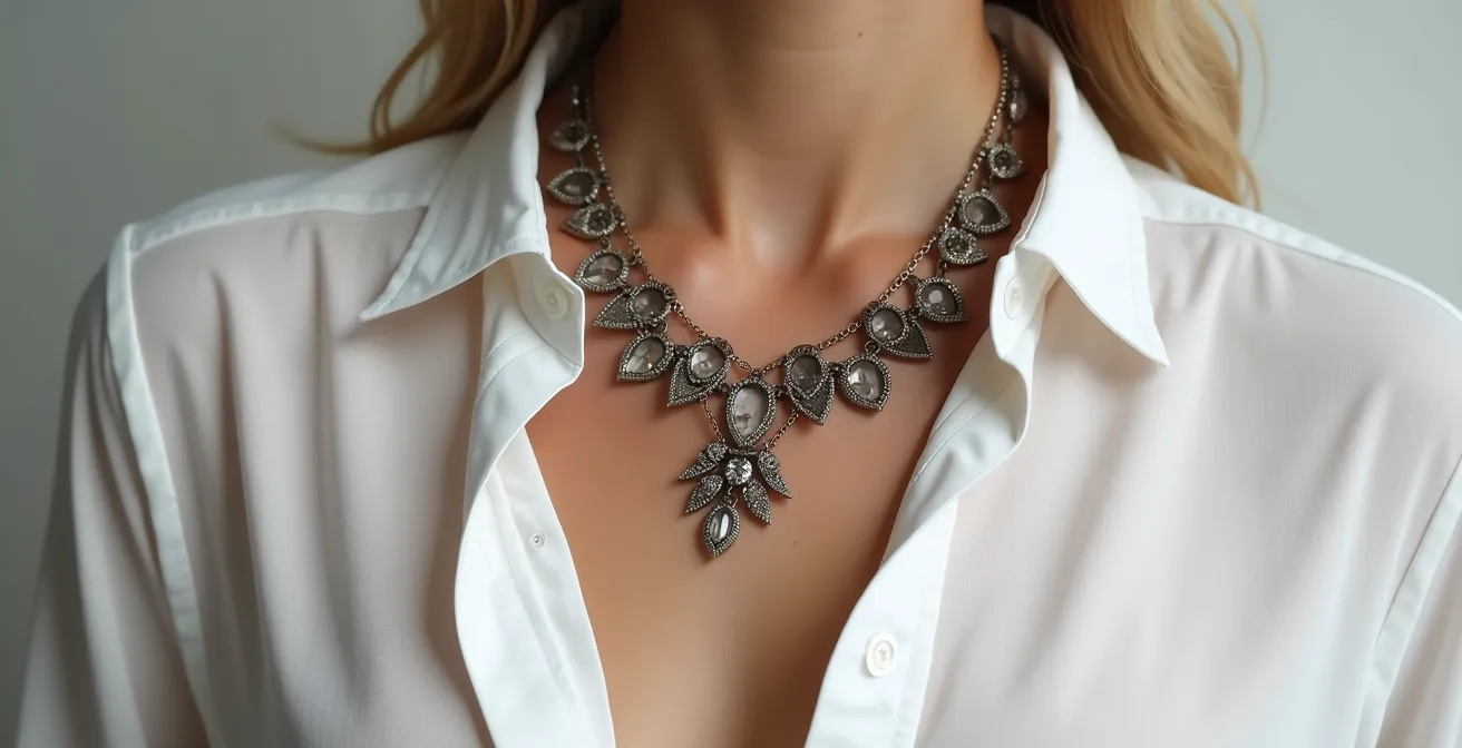 Makro-Detail einer strukturierten Statement-Halskette getragen über minimalistischem weißen Hemd, das die Transformation von androgyn zu weiblich symbolisiert