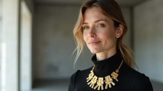 Eine elegante Frau trägt eine opulente goldene Statement-Halskette zu einem minimalistischen schwarzen Outfit vor urbanem deutschem Hintergrund