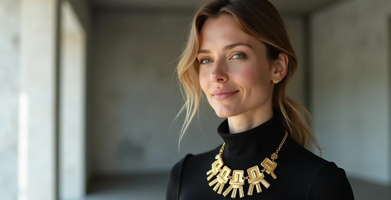 Eine elegante Frau trägt eine opulente goldene Statement-Halskette zu einem minimalistischen schwarzen Outfit vor urbanem deutschem Hintergrund