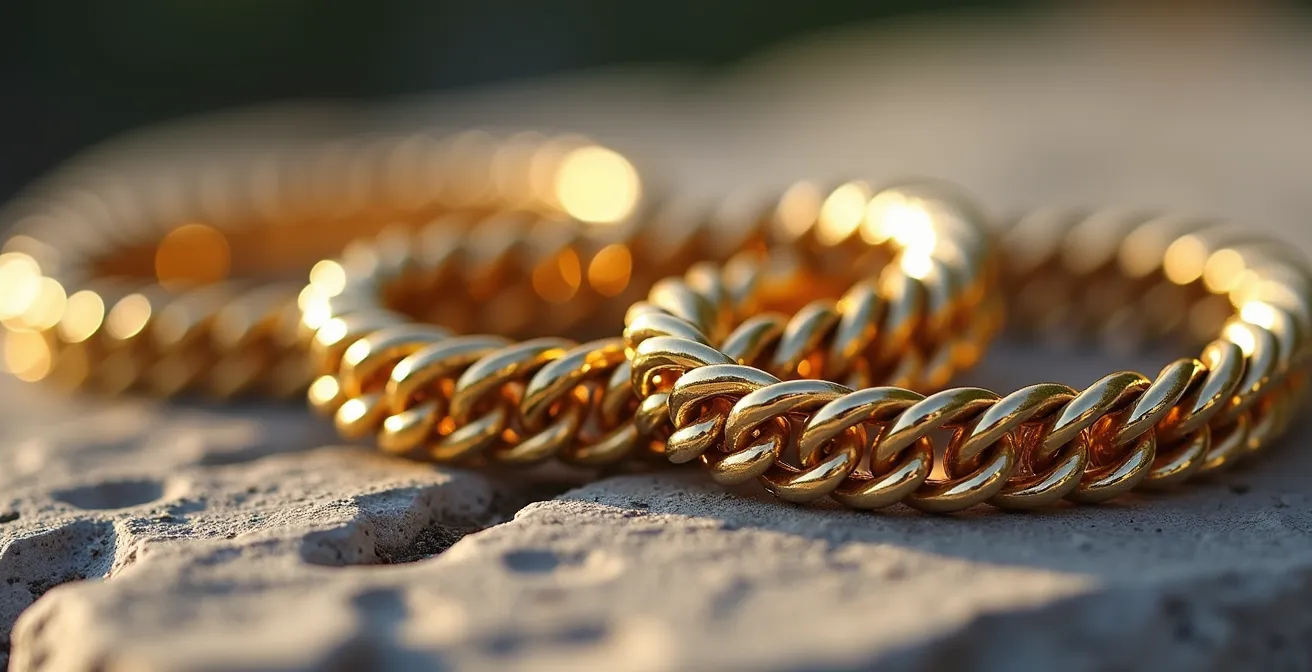 Verschiedene Panzerarmband-Designs mit unterschiedlichen Gliedformen und Oberflächenstrukturen nebeneinander auf natürlichem Untergrund