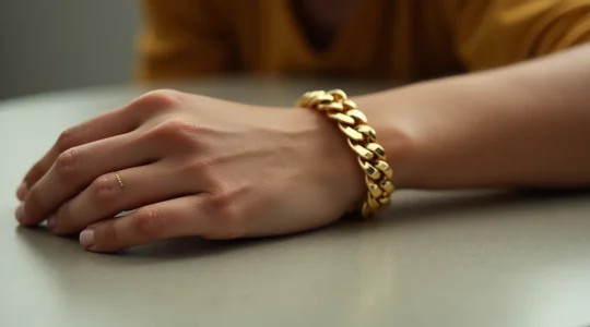 Detailaufnahme eines schweren, massiven Panzerarmbands aus Gold am Handgelenk, das Stärke und Selbstbewusstsein ausstrahlt